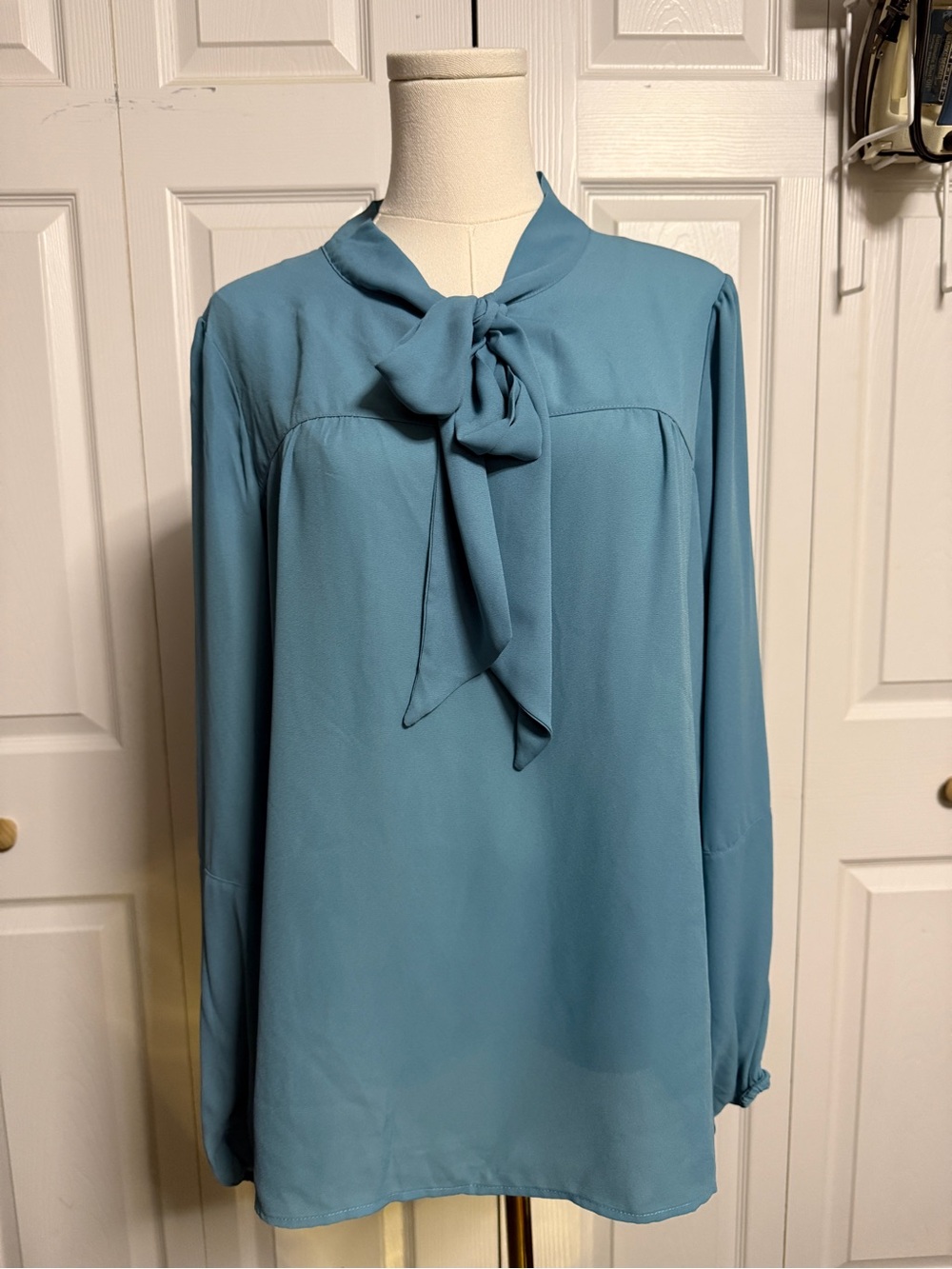 DKNY Dusty Blue Tie-Neck Long Sleeve Blouse